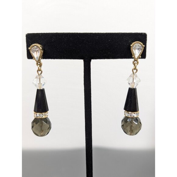 Vintage 1928 Smoky Gray Faceted Glass Crystal Dangle Art Deco Drop Earrings - Picture 1 of 11